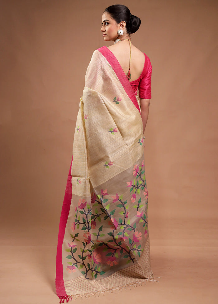 Cream Handloom Tussar Pure Silk Saree With Blouse Piece Discount Wholesale