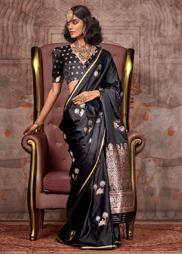 Black Satin Silk Saree With Blouse Piece Best Pices Cheap Pice