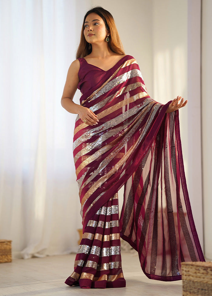 Wine Georgette Saree With Blouse Piece How Much