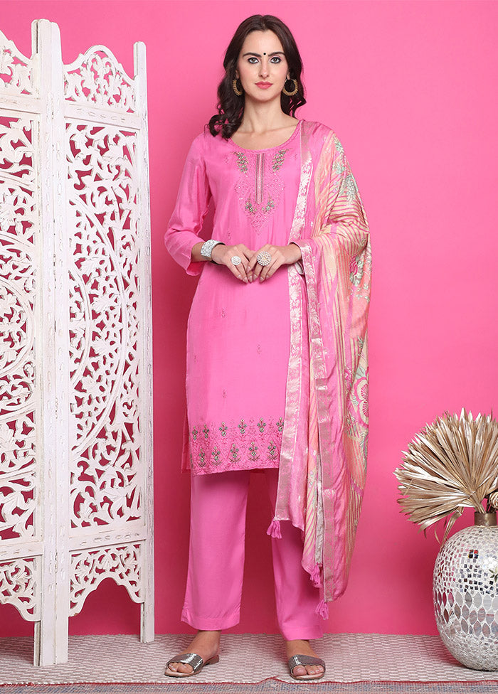 3 Pc Pink Unstitched Silk Suit Set Sale With Mastercard