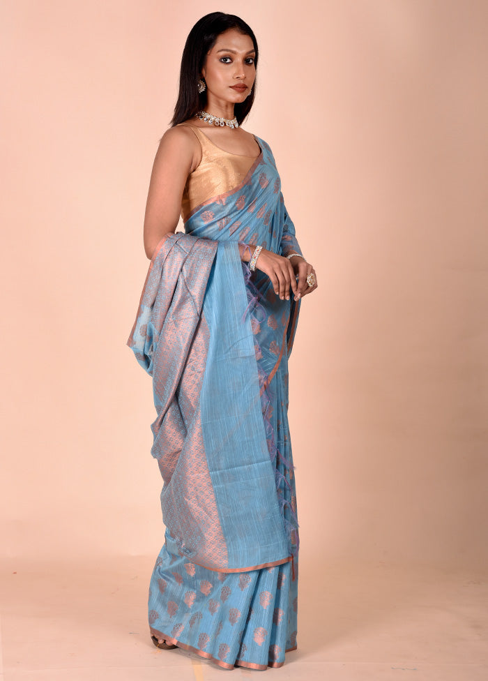 Blue Kora Silk Saree With Blouse Piece Discount Best