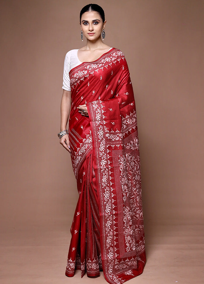 Red Handloom Kantha Stitch Pure Silk Saree With Blouse Piece Sale Nicekicks