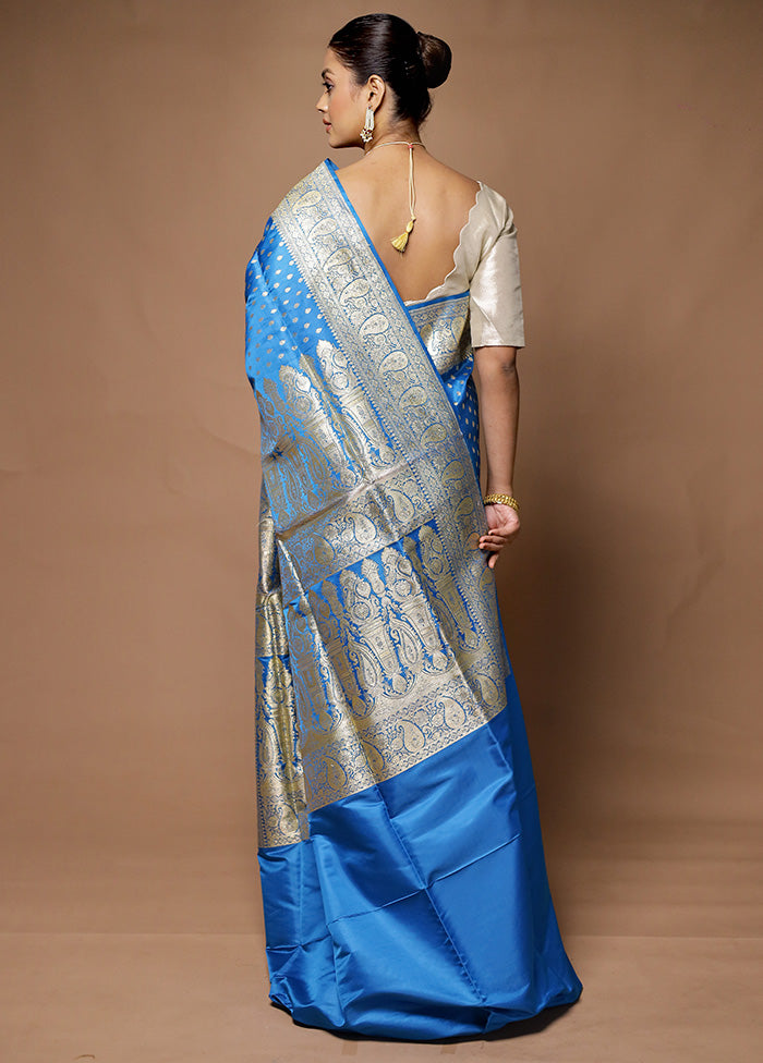 Blue Handloom Banarasi Pure Silk Saree With Blouse Piece Cheap Pirce