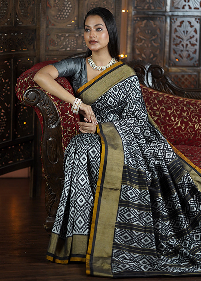 Grey Handloom Ikkat Pure Silk Saree With Blouse Piece Clearance Largest Supplier