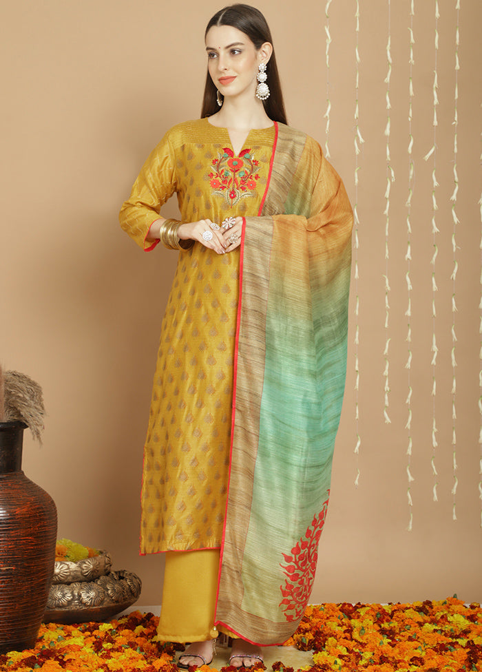 3 Pc Yellow Unstitched Chanderi Suit Set Cheap Websites