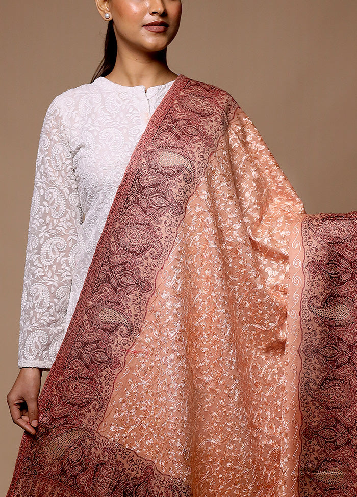 Peach Butta Work With Zari Woven Border Shawl Discount Cheapest Pice