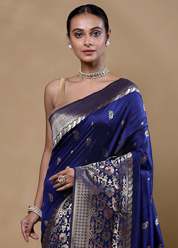 Blue Dupion Silk Saree With Blouse Piece Top Quality For Sale