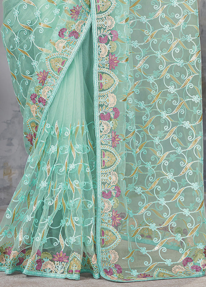 Sea Green Net Net Saree With Blouse Piece Cheap Sale Enjoy