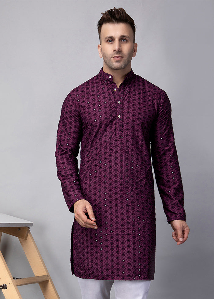 2 Pc Purple Viscose Kurta Pajama Set With Credit Card For Sale