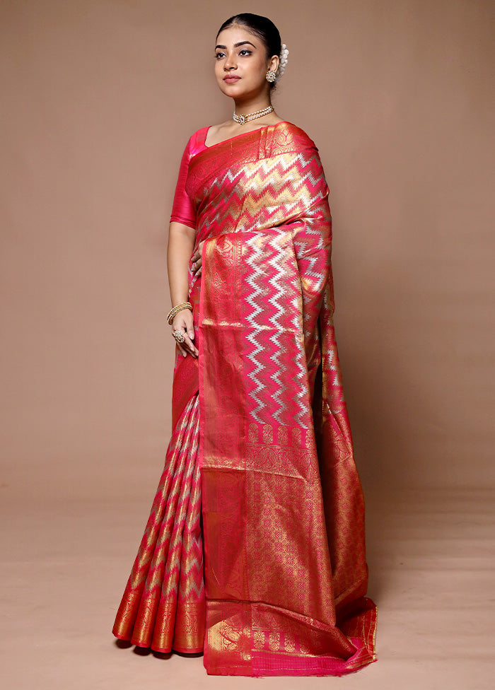 Pink Kanjivaram Silk Saree With Blouse Piece Free Shipping Fashion Style