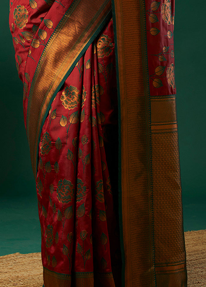 Maroon Banarasi Silk Saree With Blouse Piece Clearance Extremely