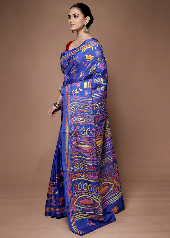 Blue Kantha Stitch Silk Saree With Blouse Piece Buy Cheap Choice