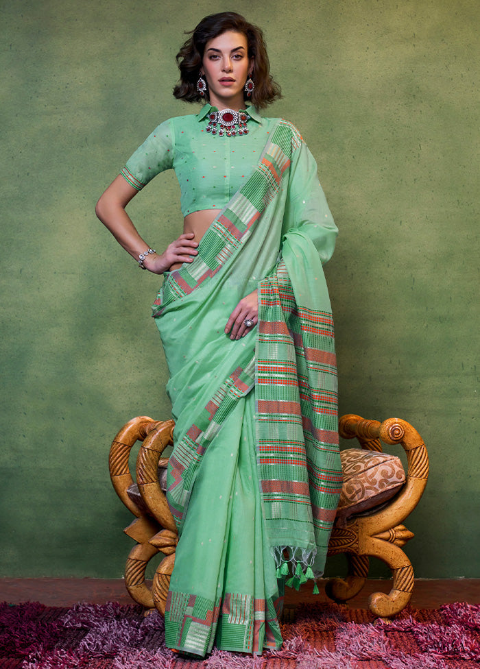 Mint Green Cotton Saree With Blouse Piece Online Online For Sale