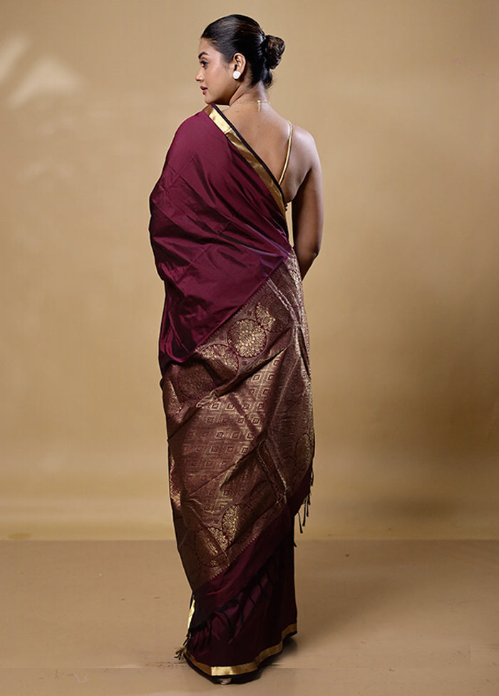 Maroon Kanjivaram Silk Saree With Blouse Piece Authentic Cheap Pice