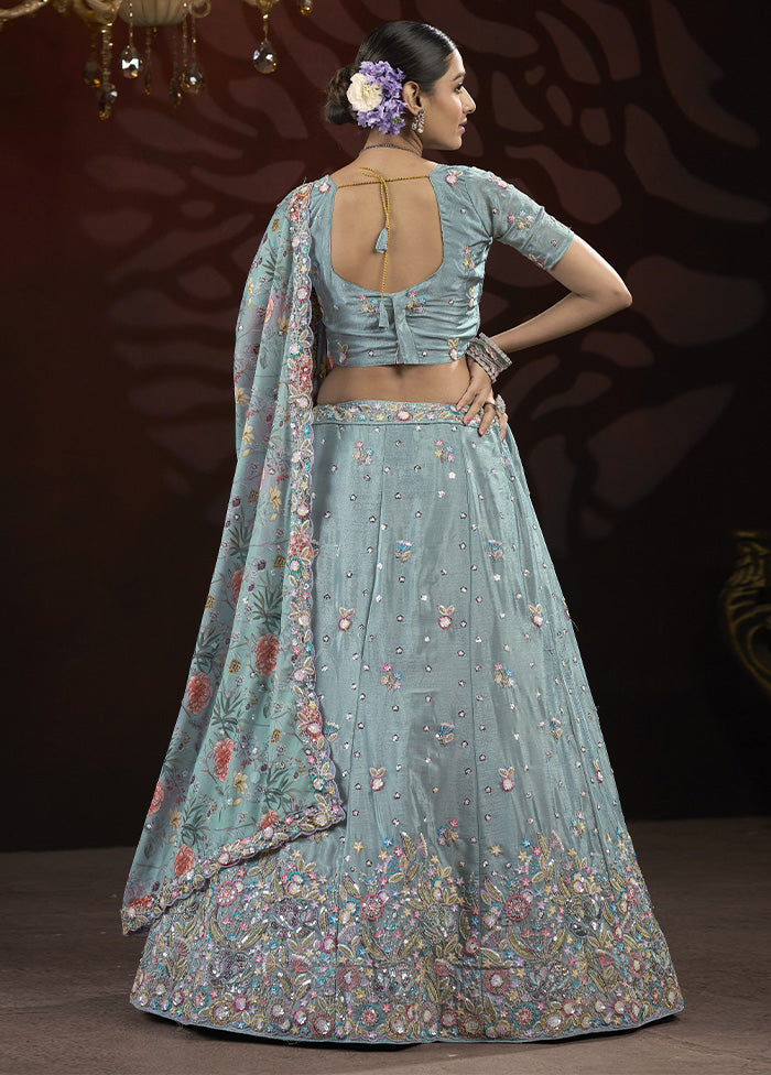 3 Pc Grey Silk Semi Stitched Lehenga Set Discount Newest