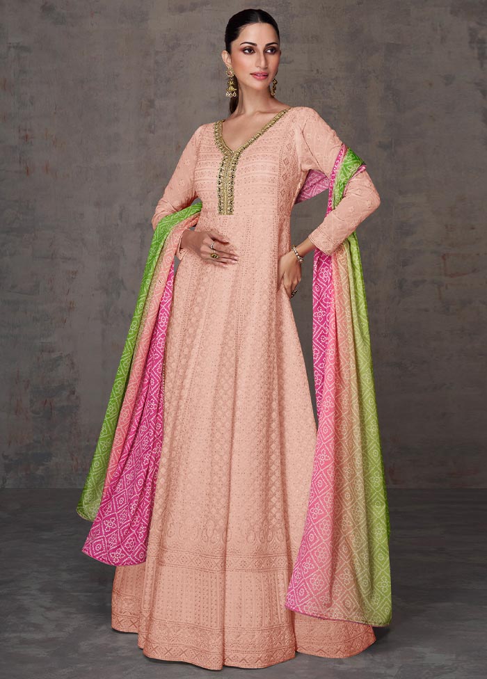 3 Pc Peach Semi Stitched Georgette Suit Set Order Cheap Pice