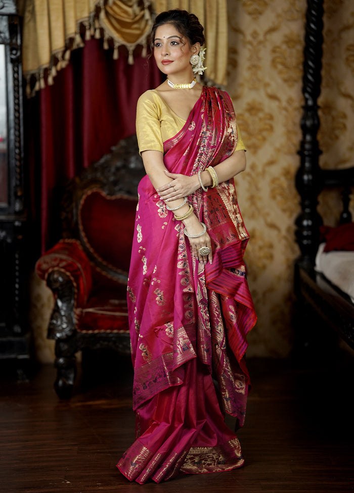 Pink Handloom Baluchari Pure Silk Saree With Blouse Piece Discount For Cheap