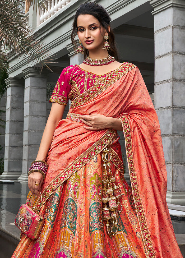 3 Pc Orange Silk Semi Stitched Lehenga Set Visa Payment For Sale