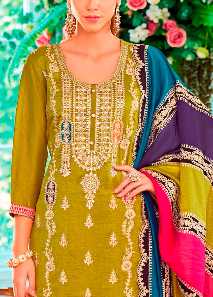 3 Pc Green Semi Stitched Silk Suit Set Discount Supply