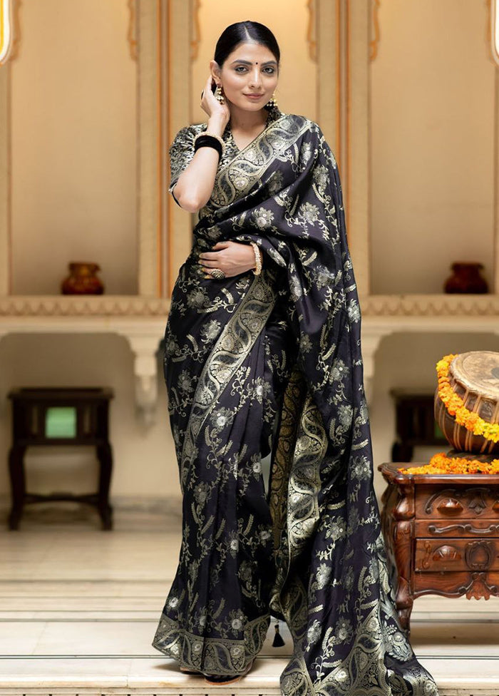 Black Banarasi Silk Saree With Blouse Piece Outlet Deals