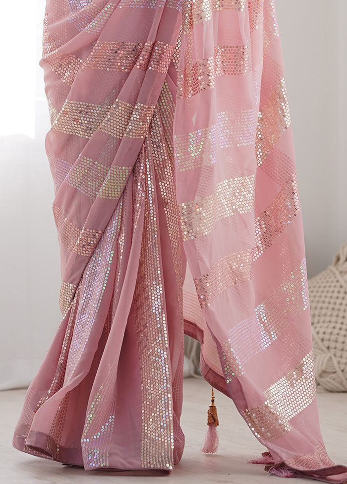 Pink Georgette Saree With Blouse Piece Excellent