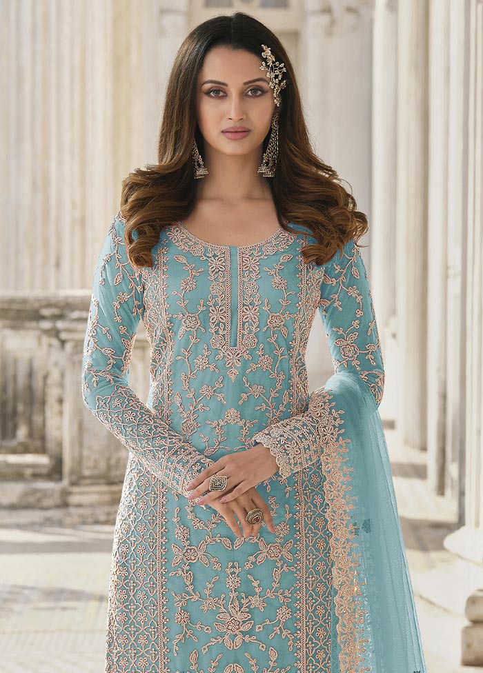 3 Pc Sky Blue Semi Stitched Net Suit Set Best Place Online