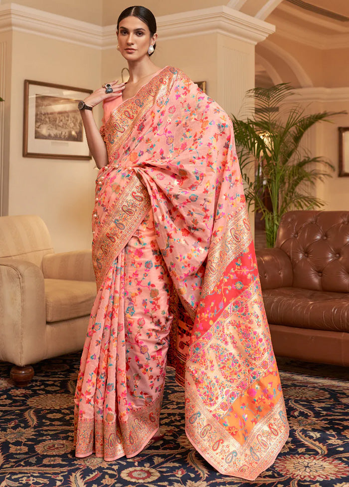 Peach Banarasi Silk Saree With Blouse Piece Choice For Sale