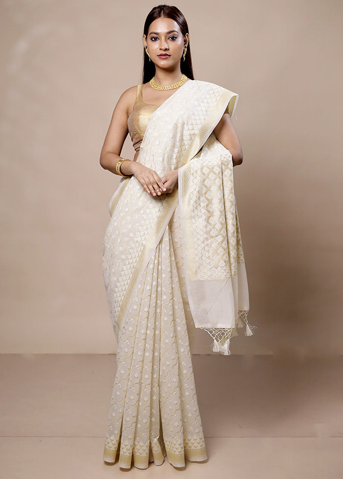 White Kora Silk Saree With Blouse Piece Sast Online