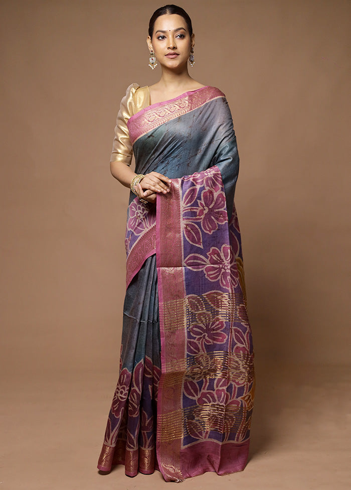 Grey Tussar Silk Saree With Blouse Piece Buy Cheap Visit New