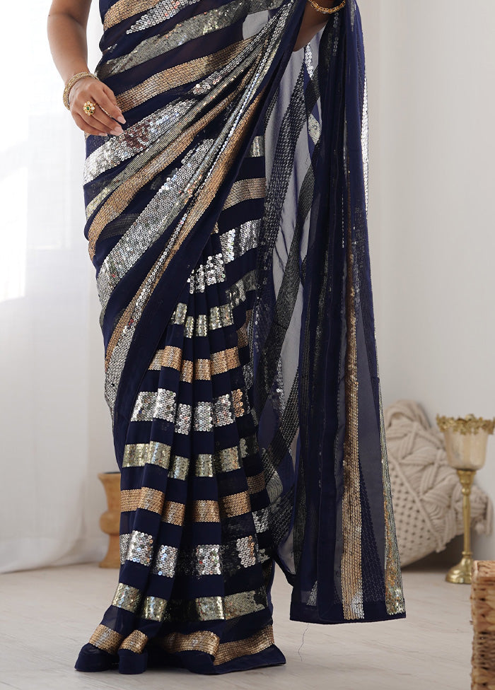 Navy Blue Georgette Saree With Blouse Piece Free Shipping Hot Sale