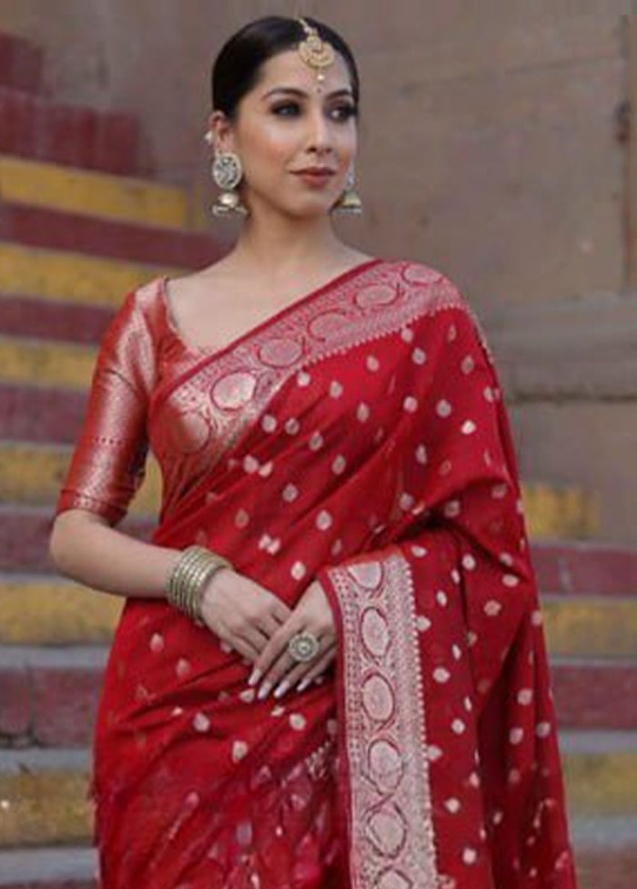 Red Banarasi Silk Saree With Blouse Piece Outlet Good Selling