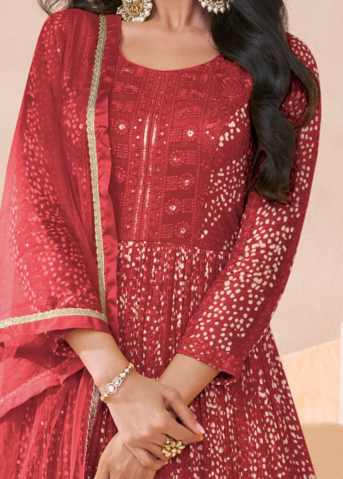 3 Pc Red Semi Stitched Georgette Suit Set Excellent