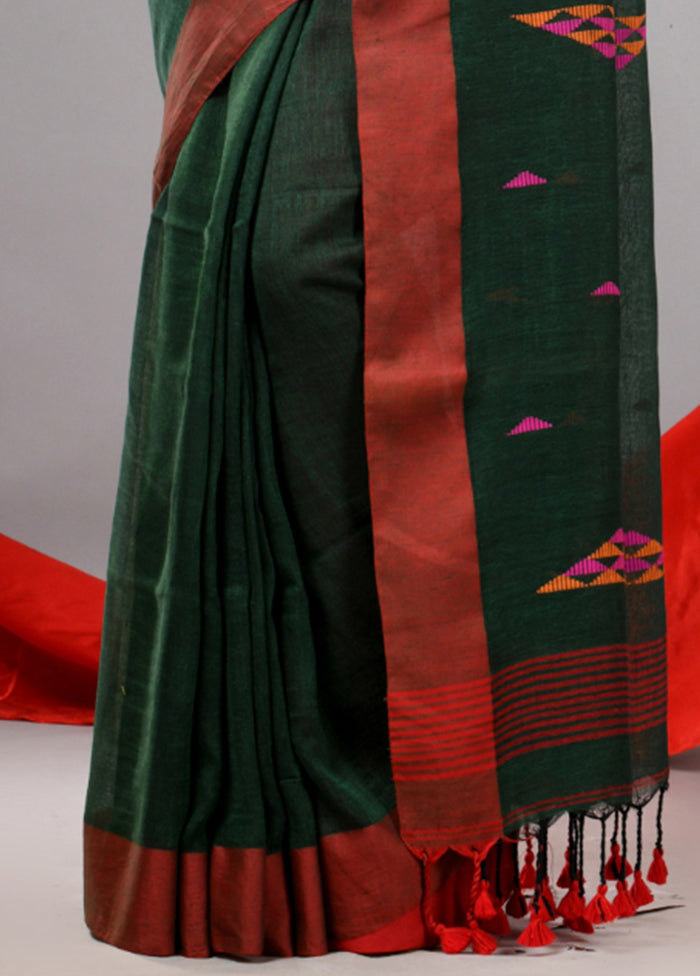 Green Linen Silk Saree With Blouse Piece Buy Cheap Pices