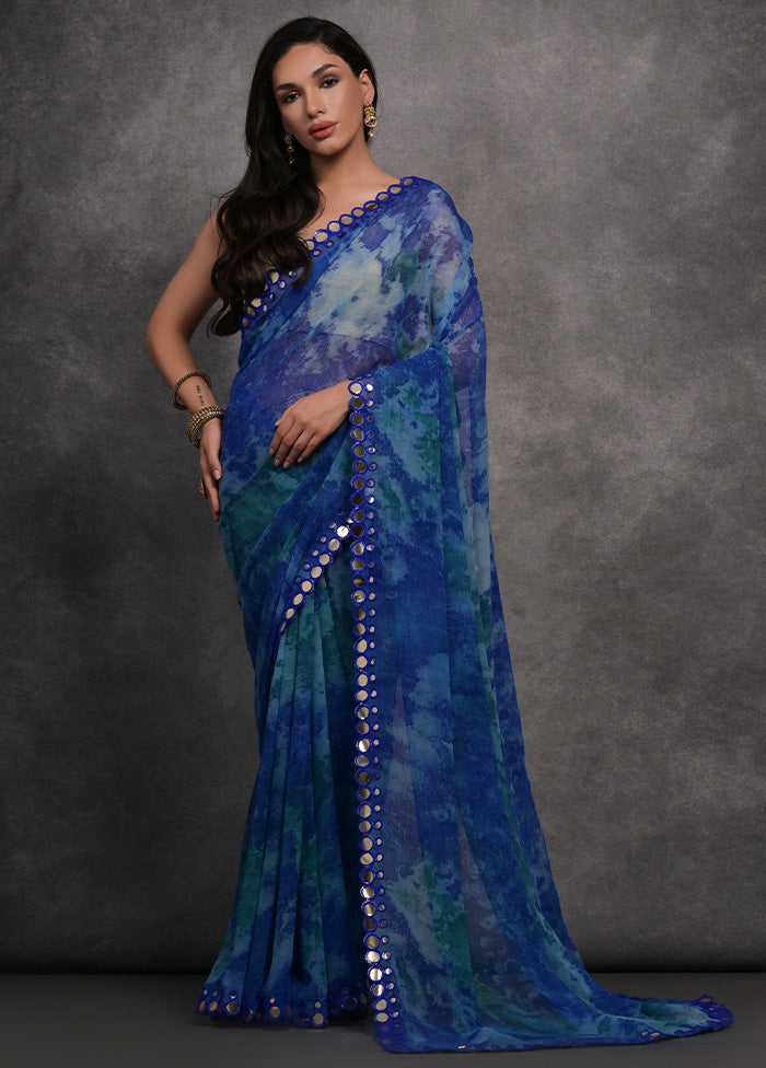 Blue Chiffon Silk Saree With Blouse Piece Discount Latest