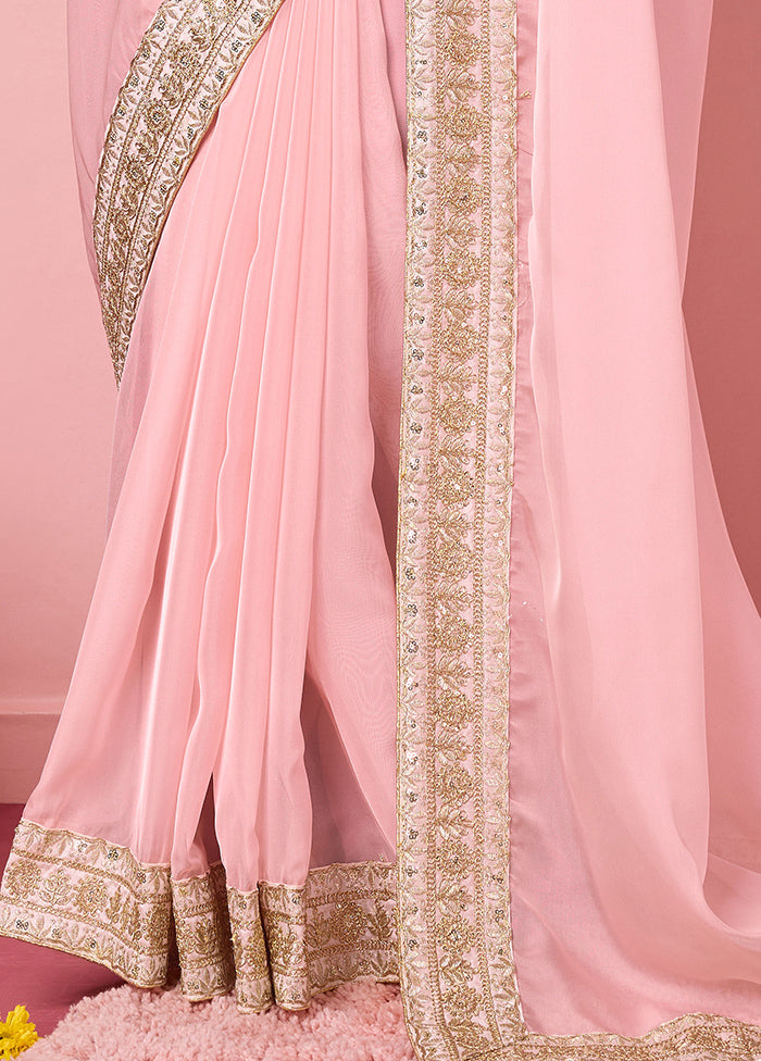 Rose Pink Organza Saree With Blouse Piece Cheap Sale Many Kinds Of