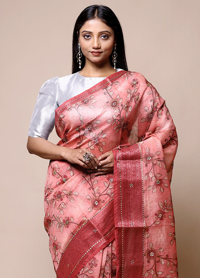 Pink Tussar Silk Saree With Blouse Piece Cheap Pice Original