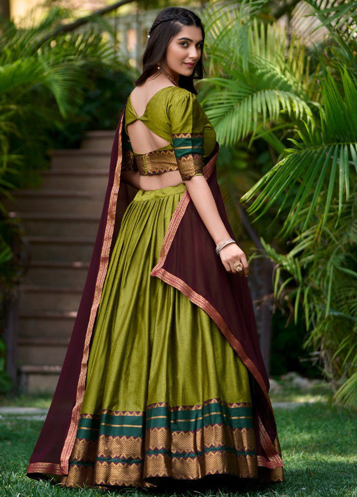 3 Pc Mehendi Green Cotton Semi Stitched Lehenga Set Big Discount For Sale