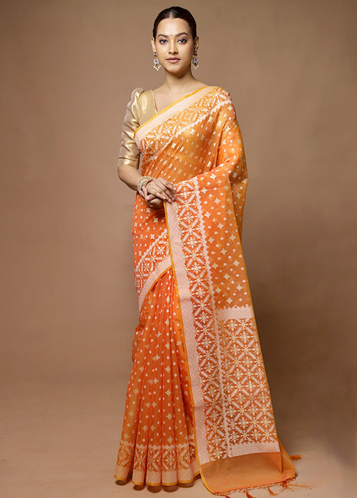 Orange Kora Silk Saree With Blouse Piece Outlet Online