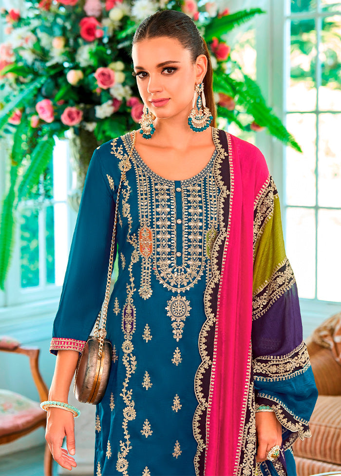 3 Pc Aqua Semi Stitched Silk Suit Set Best Seller Cheap Pice