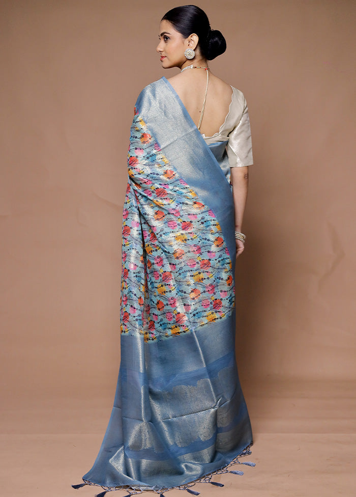 Blue Dupion Silk Saree With Blouse Piece Geniue Stockist