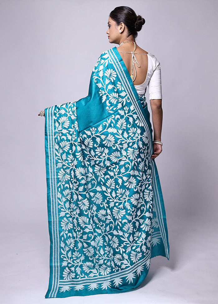 Blue Handloom Kantha Stitch Pure Silk Saree With Blouse Piece With Paypal Cheap Online