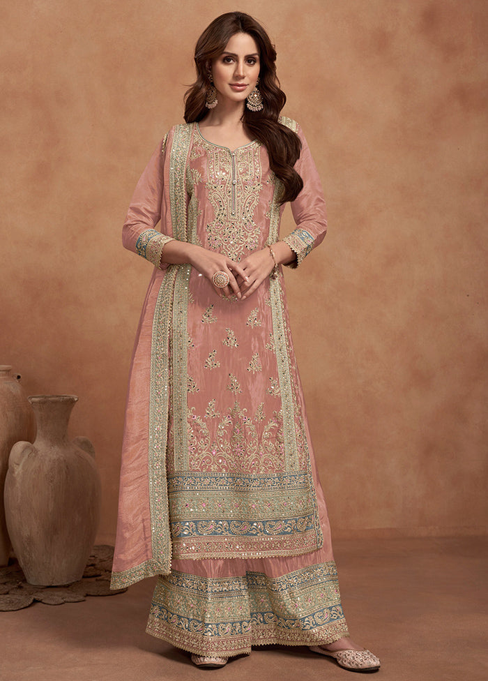 3 Pc Peach Readymade Silk Dupatta Suit Set Cheap Pice For Sale