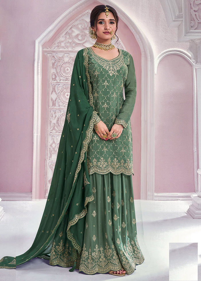 3 Pc Green Semi Stitched Silk Dupatta Suit Set Sale Explore