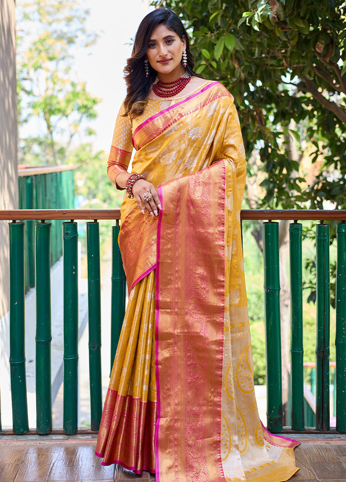 Yellow Banarasi Silk Saree With Blouse Piece Low Pice Fee Shipping Online