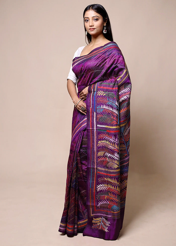 Purple Handloom Kantha Stitch Pure Silk Saree With Blouse Piece Free Shipping Best