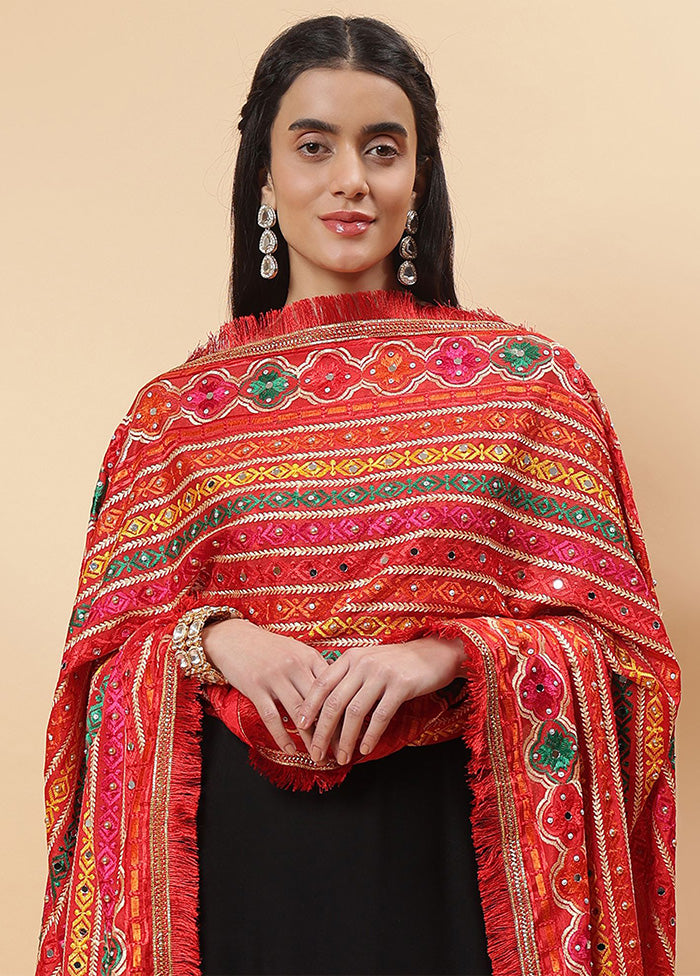 Red Chinon Phulkari Work Dupatta Cheap Sale New Arrival