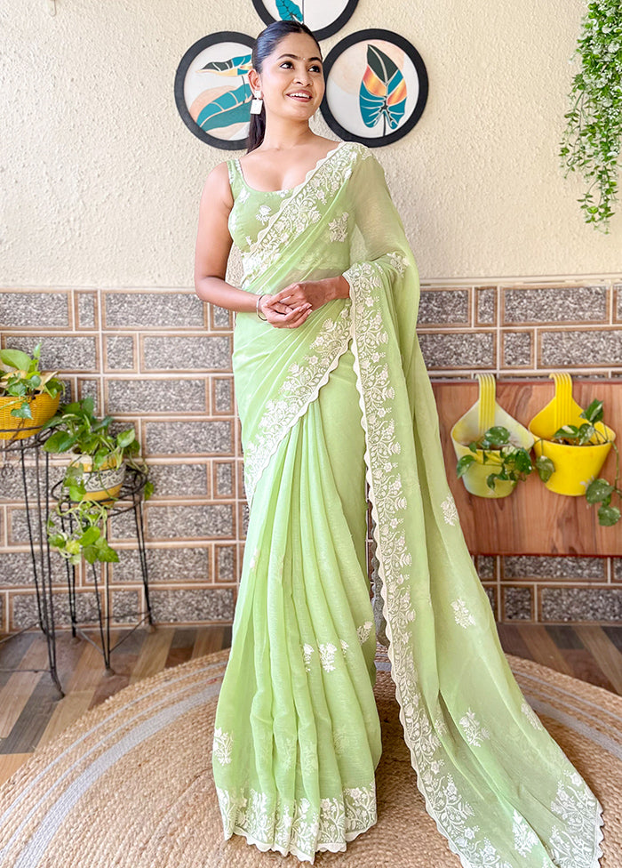 Pista Green Spun Silk Saree With Blouse Piece 100% Guaranteed