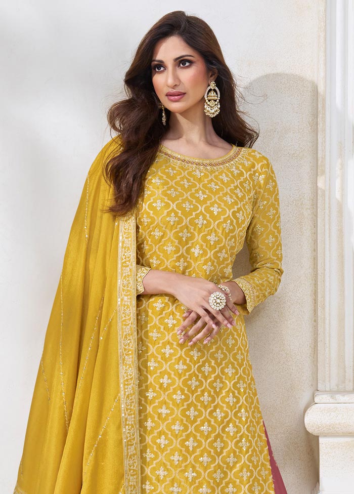 3 Pc Yellow Semi Stitched Silk Suit Set Discount 2025 Unisex