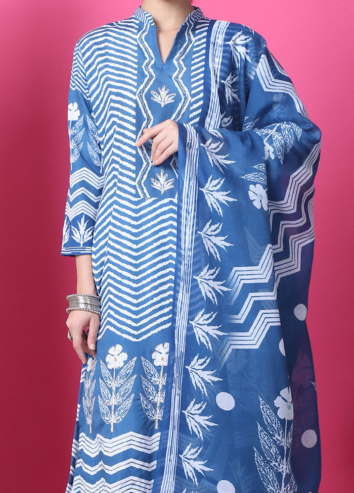 3 Pc Indigo Blue Unstitched Cotton Suit Set Store Sale Online