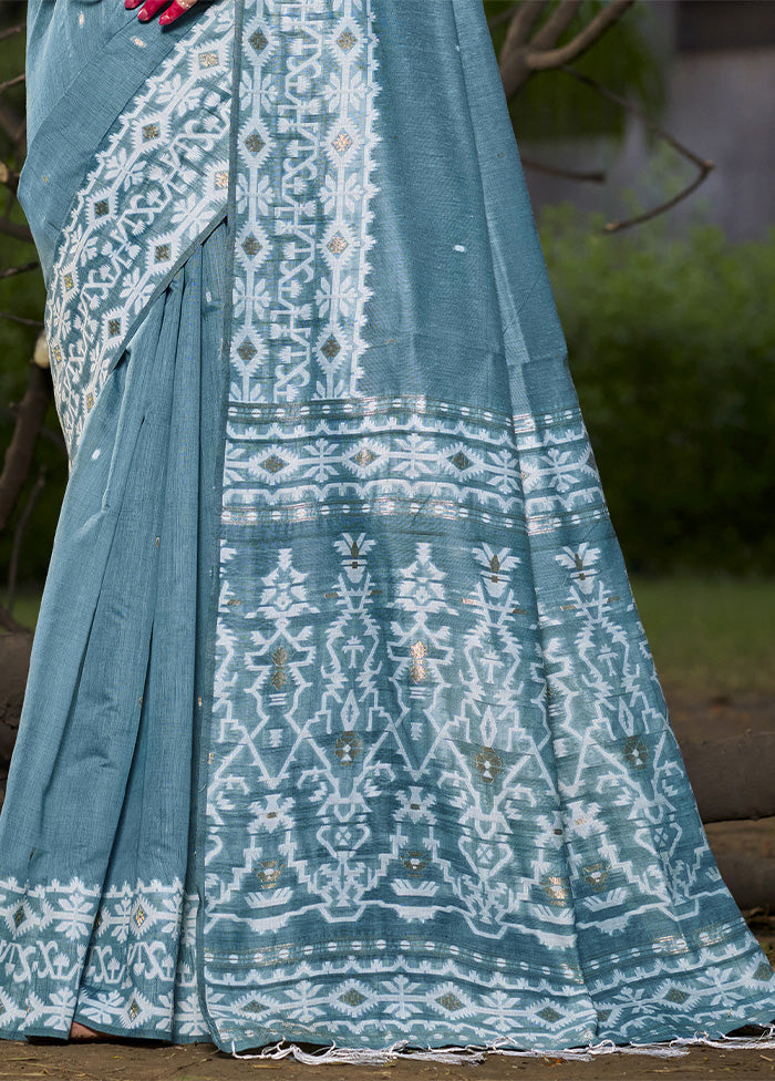 Light Blue Cotton Saree With Blouse Piece Discount Pay With Paypal